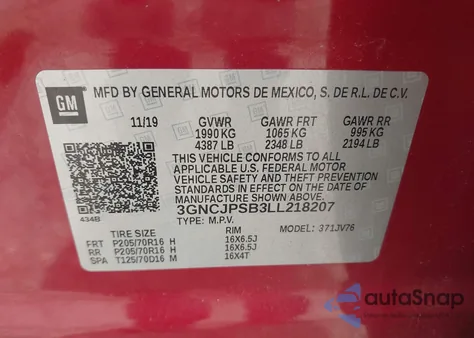 2020 Chevrolet Trax Awd Lt from USA, damaged, VIN 3GNCJPSB3LL218207